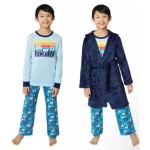 EDDIE BAUER Boys Sz Medium Blue Print Lounge Pajamas & Plush Robe 3 Pc Set NEW